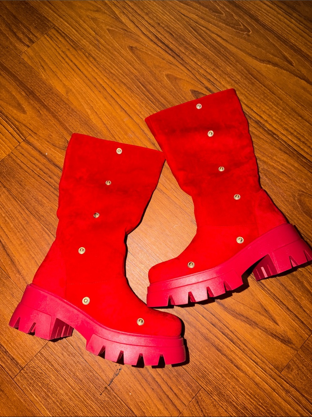 Red Chunky Platform Mid-Calf Boots